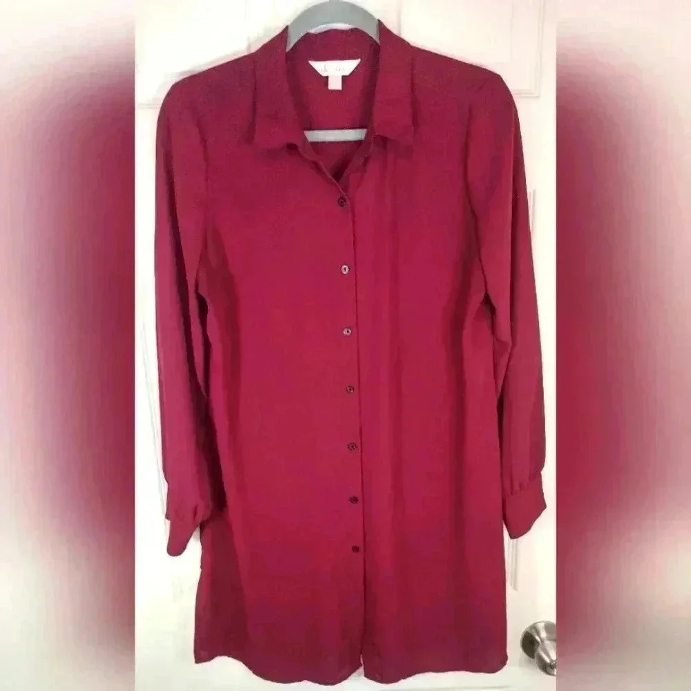 Decree Womens Burgundy Wine Long Sleeve Button Down Tunic Top Size L Large